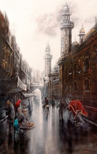 K Mehmood, 30 x 48 Inch, Acrylic and Charcoal on Canvas, Cityscape Painting, AC-KHM-006